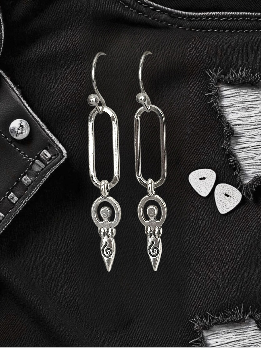 5 For $25💫Silver Paper Clip Fertility Goddess Dangle Drop Earrings - Picture 4 of 4